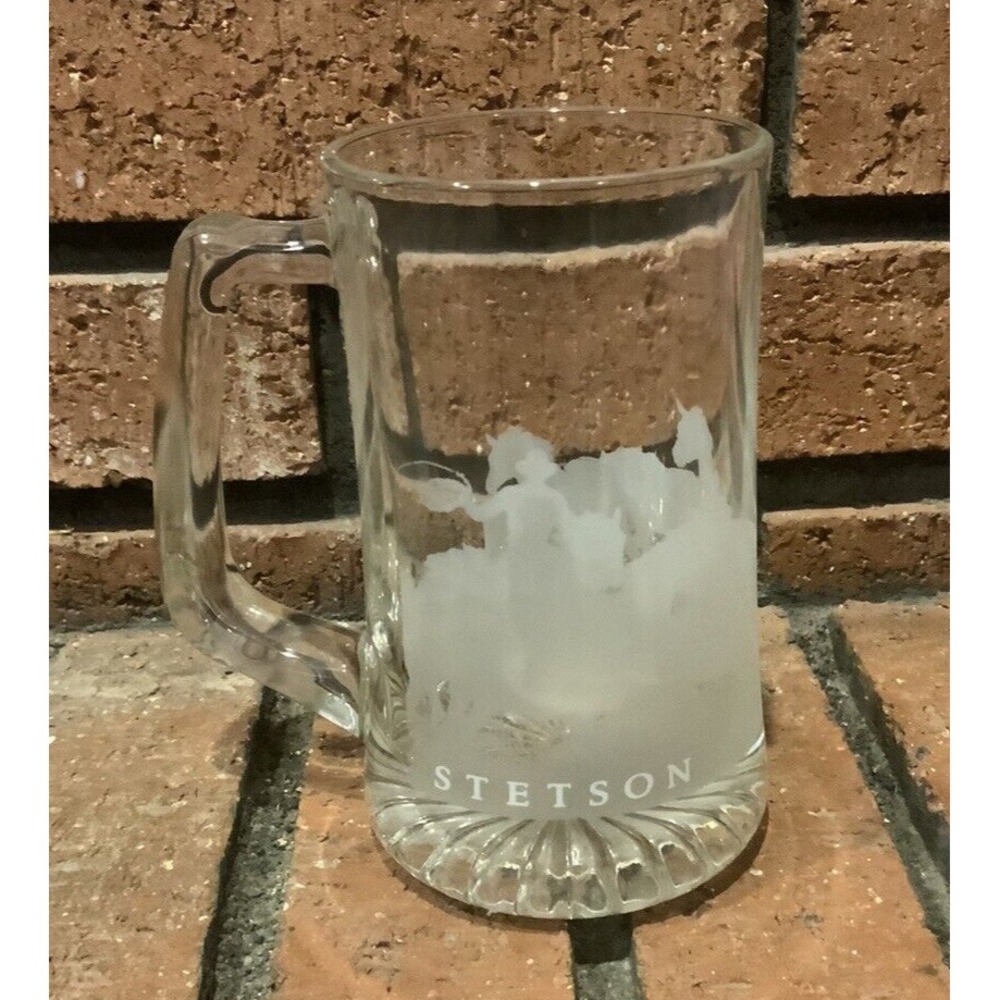 Vintage Stetson Etched Horse Cowboy Glass Mug Cup 6" Tall